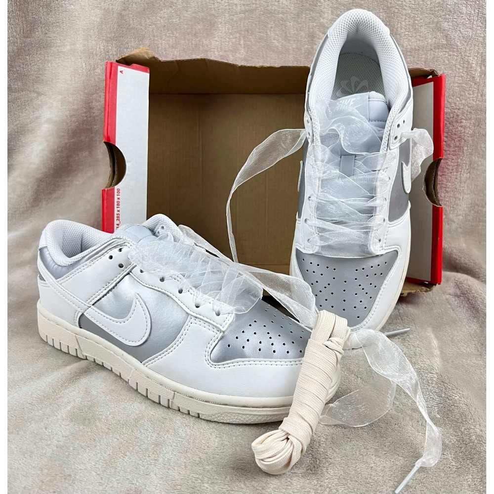 New Nike Dunk Low White Metallic Silver Sheer Ribbon Laces IB7311-001 Womens 7